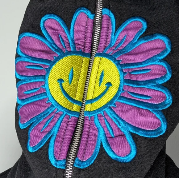 Euphoric 777 Black Purple Happy Face Flower Full Zip Heavy Hoodie Sweatshirt M